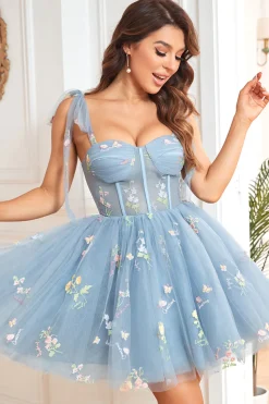 A Line Spaghetti Straps Grey Blue Short Prom Dress with Embroidery