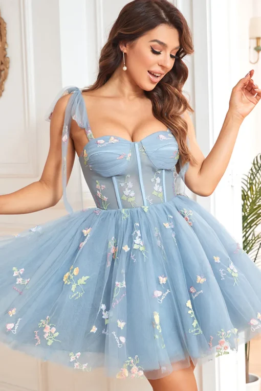 A Line Spaghetti Straps Grey Blue Short Prom Dress with Embroidery