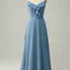 A Line Spaghetti Straps Grey Blue Long Bridesmaid Dress with Ruffles