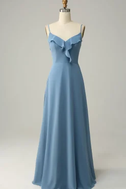 A Line Spaghetti Straps Grey Blue Long Bridesmaid Dress with Ruffles