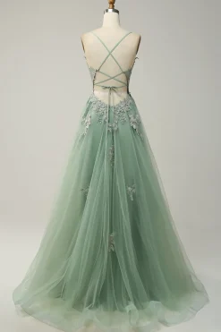 A Line Spaghetti Straps Green Long Prom Dress with Criss Cross Back