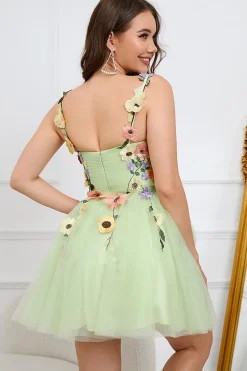 A Line Spaghetti Straps Green Short Prom Dress with Appliques
