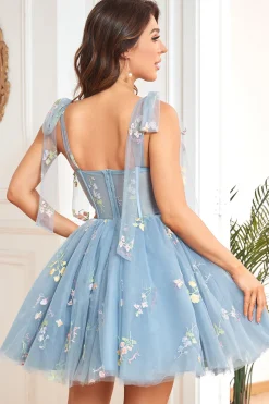 A Line Spaghetti Straps Grey Blue Short Prom Dress with Embroidery