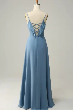 A Line Spaghetti Straps Grey Blue Long Bridesmaid Dress with Ruffles