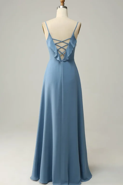 A Line Spaghetti Straps Grey Blue Long Bridesmaid Dress with Ruffles