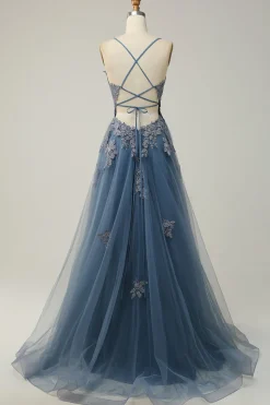A Line Spaghetti Straps Green Long Prom Dress with Criss Cross Back
