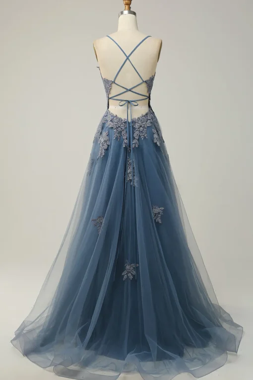 A Line Spaghetti Straps Green Long Prom Dress with Criss Cross Back