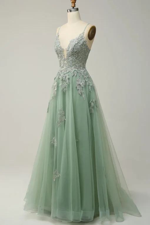 A Line Spaghetti Straps Green Long Prom Dress with Criss Cross Back