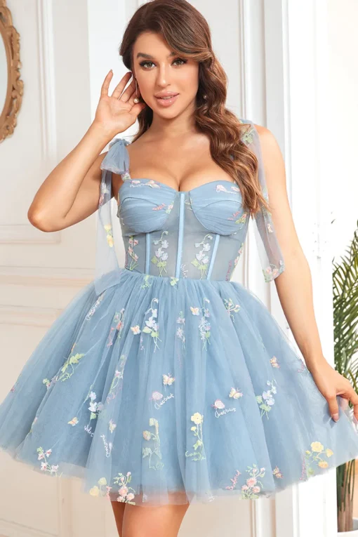 A Line Spaghetti Straps Grey Blue Short Prom Dress with Embroidery