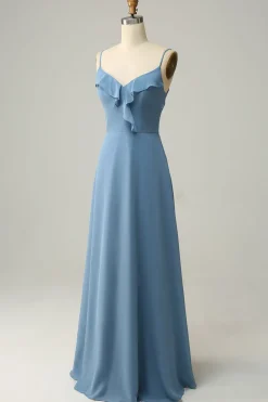 A Line Spaghetti Straps Grey Blue Long Bridesmaid Dress with Ruffles