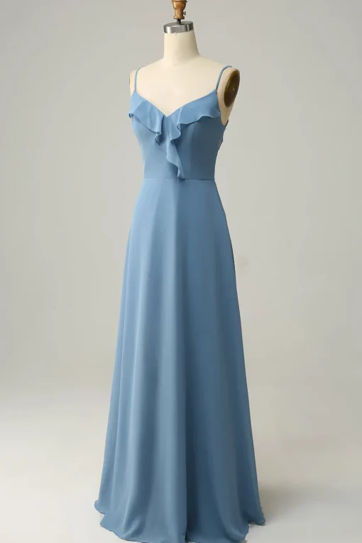 A Line Spaghetti Straps Grey Blue Long Bridesmaid Dress with Ruffles