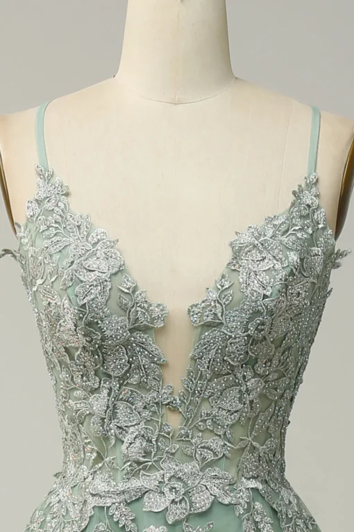 A Line Spaghetti Straps Green Long Prom Dress with Criss Cross Back