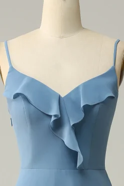 A Line Spaghetti Straps Grey Blue Long Bridesmaid Dress with Ruffles