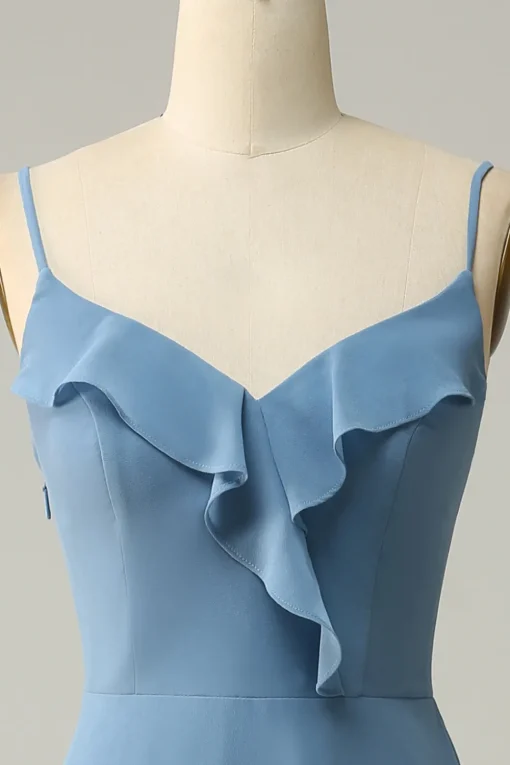 A Line Spaghetti Straps Grey Blue Long Bridesmaid Dress with Ruffles