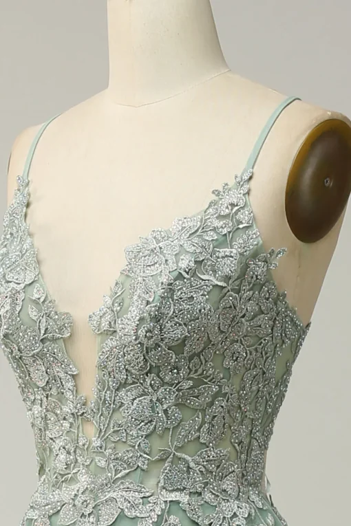 A Line Spaghetti Straps Green Long Prom Dress with Criss Cross Back