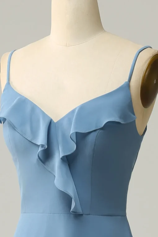 A Line Spaghetti Straps Grey Blue Long Bridesmaid Dress with Ruffles