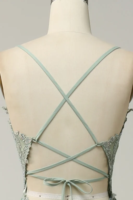 A Line Spaghetti Straps Green Long Prom Dress with Criss Cross Back