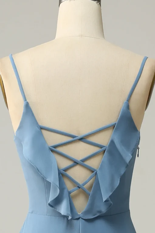 A Line Spaghetti Straps Grey Blue Long Bridesmaid Dress with Ruffles