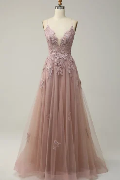 A Line Spaghetti Straps Green Long Prom Dress with Criss Cross Back