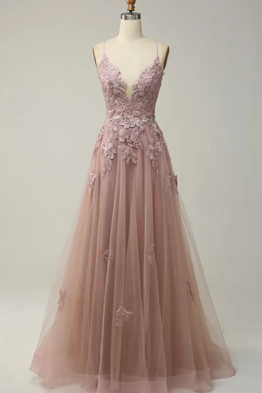 A Line Spaghetti Straps Green Long Prom Dress with Criss Cross Back