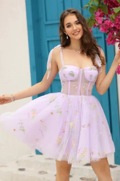 A Line Spaghetti Straps Grey Blue Short Prom Dress with Embroidery