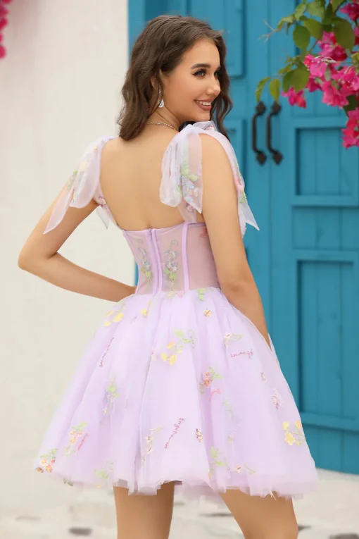 A Line Spaghetti Straps Grey Blue Short Prom Dress with Embroidery