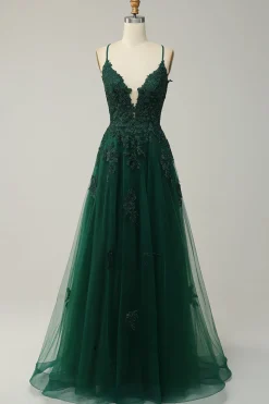A Line Spaghetti Straps Green Long Prom Dress with Criss Cross Back