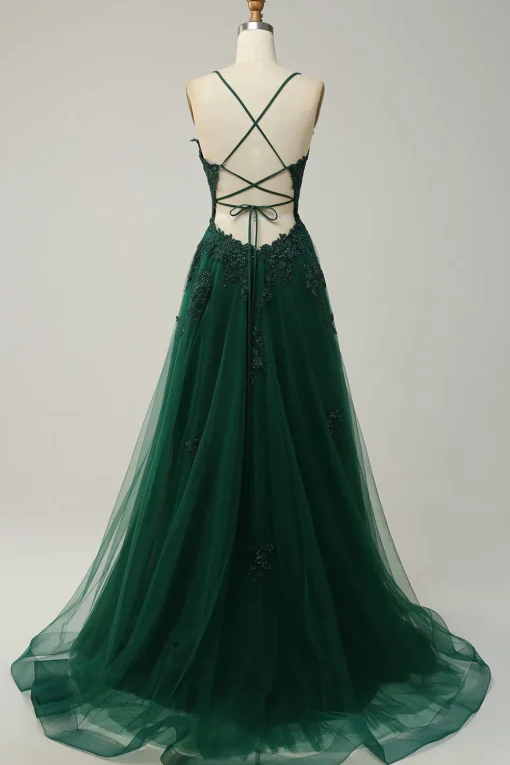 A Line Spaghetti Straps Green Long Prom Dress with Criss Cross Back