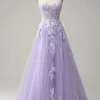 A Line Spaghetti Straps Long Purple Prom Dress with Appliques