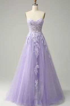 A Line Spaghetti Straps Long Purple Prom Dress with Appliques