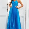 A Line Spaghetti Straps Lake Blue Long Prom Dress
