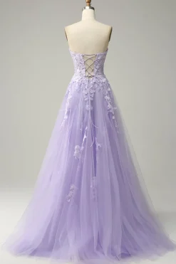 A Line Spaghetti Straps Long Purple Prom Dress with Appliques