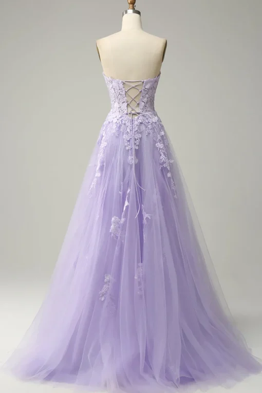 A Line Spaghetti Straps Long Purple Prom Dress with Appliques