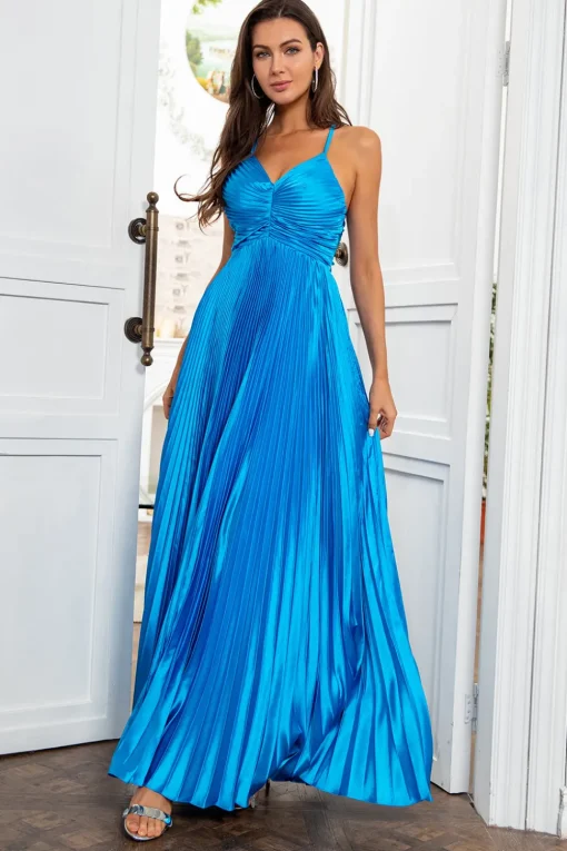A Line Spaghetti Straps Lake Blue Long Prom Dress