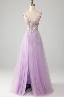 A Line Spaghetti Straps Long Prom Dress with Appliques