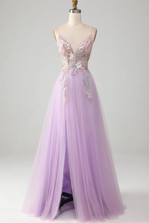 A Line Spaghetti Straps Long Prom Dress with Appliques