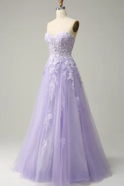 A Line Spaghetti Straps Long Purple Prom Dress with Appliques
