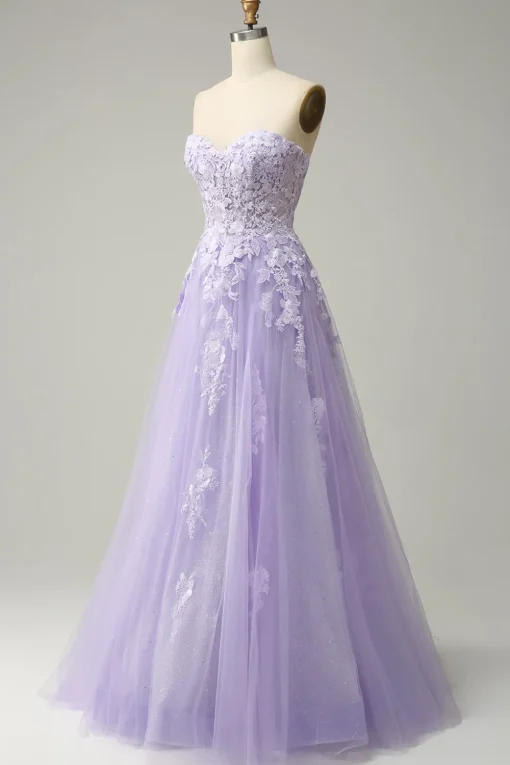 A Line Spaghetti Straps Long Purple Prom Dress with Appliques