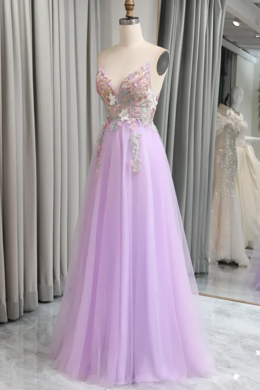 A Line Spaghetti Straps Long Prom Dress with Appliques