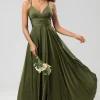 A Line Spaghetti Straps Olive Long Bridesmaid Dress with Ruffles
