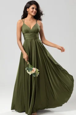 A Line Spaghetti Straps Olive Long Bridesmaid Dress with Ruffles