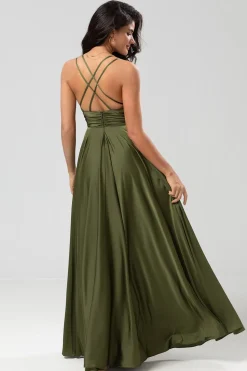 A Line Spaghetti Straps Olive Long Bridesmaid Dress with Ruffles