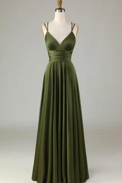 A Line Spaghetti Straps Olive Long Bridesmaid Dress with Ruffles