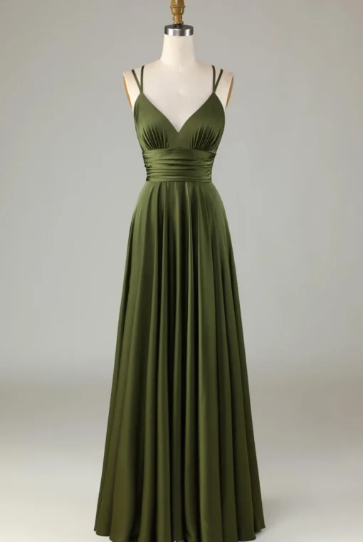 A Line Spaghetti Straps Olive Long Bridesmaid Dress with Ruffles