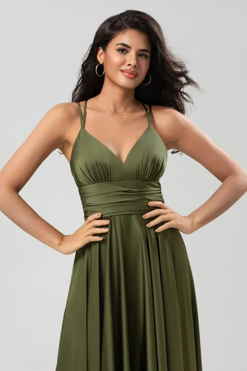 A Line Spaghetti Straps Olive Long Bridesmaid Dress with Ruffles