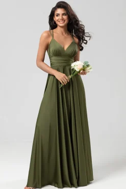 A Line Spaghetti Straps Olive Long Bridesmaid Dress with Ruffles