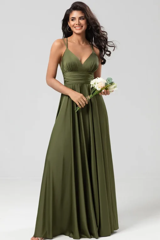A Line Spaghetti Straps Olive Long Bridesmaid Dress with Ruffles