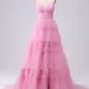 A Line Spaghetti Straps Pink Princess Prom Dress with Ruffles