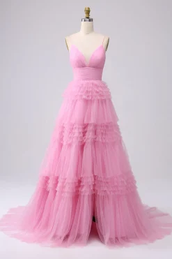 A Line Spaghetti Straps Pink Princess Prom Dress with Ruffles