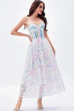 A Line Spaghetti Straps Printed Maxi Graduation Dress